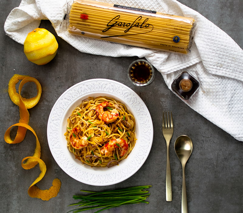 Pasta Garofalo - Spaghetti con gambas y vermú al aroma de naranja