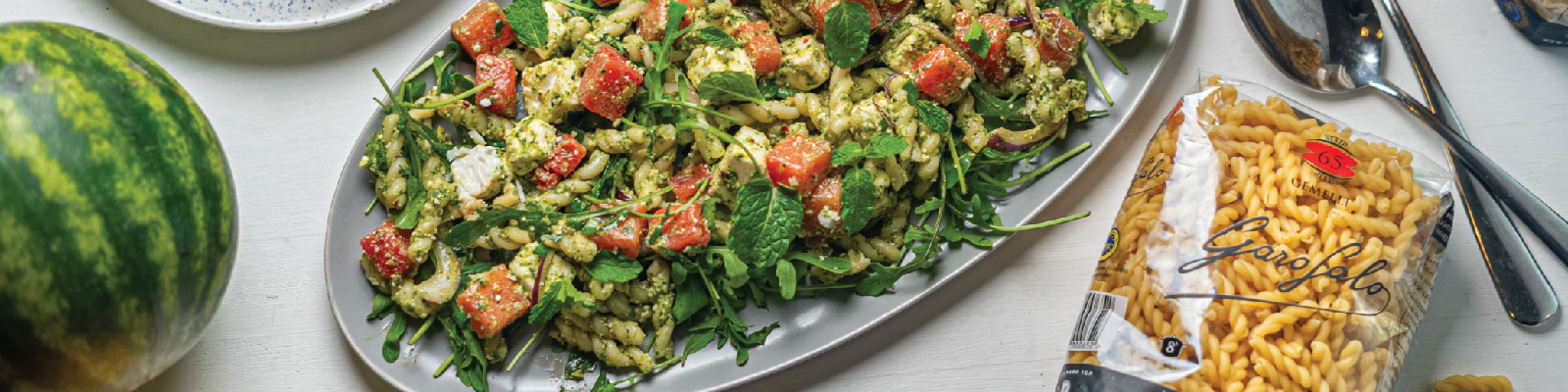 Pasta Garofalo - Spicy Watermelon Gemelli with Crumbled Feta & Mint Pesto