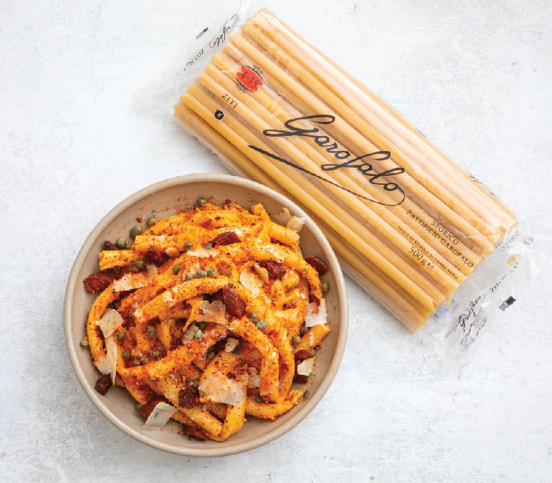 Pasta Garofalo - Romesco ziti lunghi with crispy chorizo